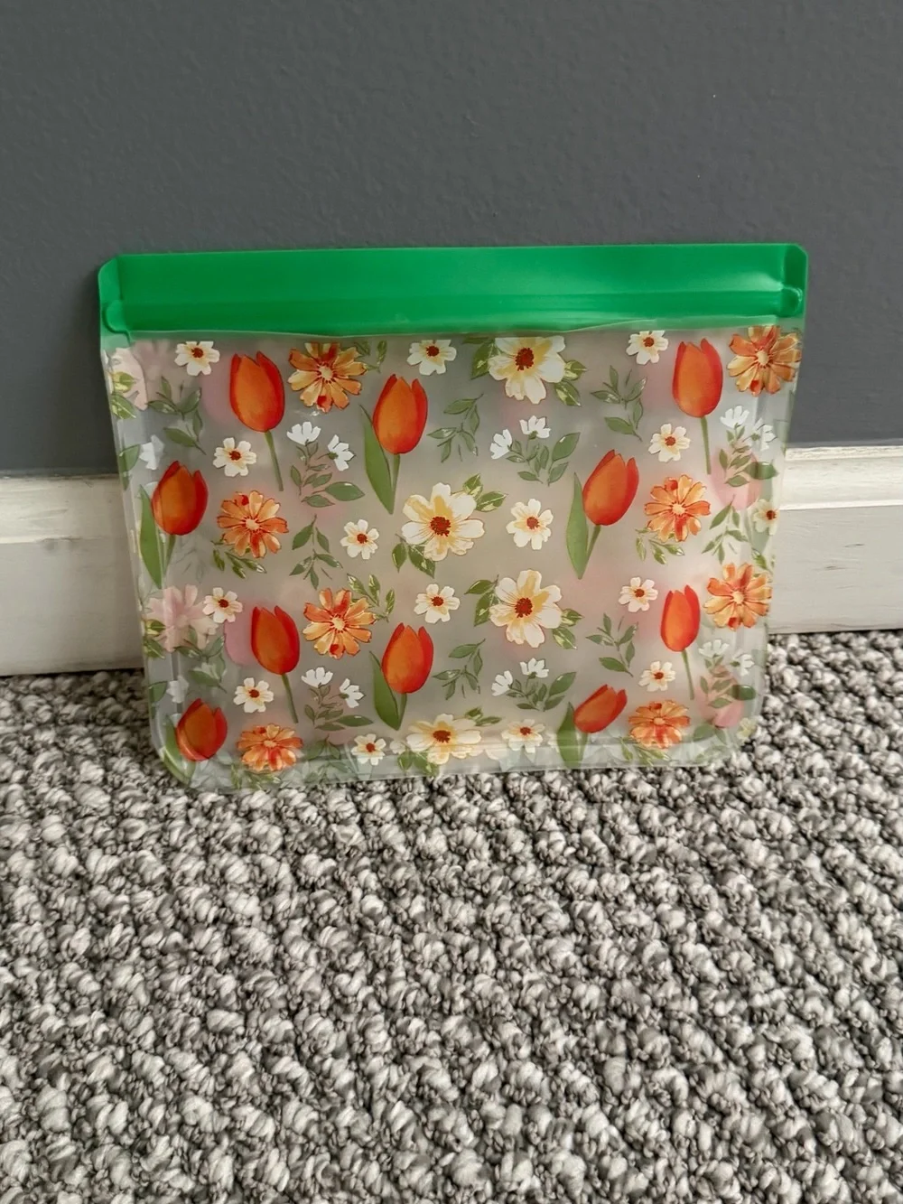 Reusable Floral Silicone Storage Bag - Green, Orange Tulip Design (small tear)